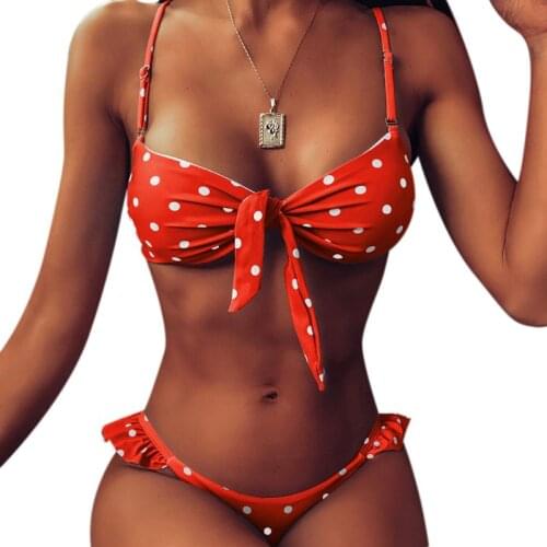 Women Brazilian Bikini Set Polka Dot Tie Knot Front Swimsuit Ruffles Beachwear A0NF