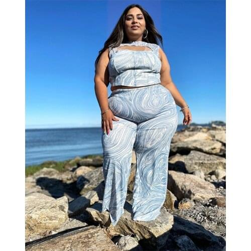 Plus Size 4XL 5XL 2 Pices Set Outfits Women Hollow Out Crop Top + Wide Leg Pants Two Piece Leggings Suit Printed Outfits