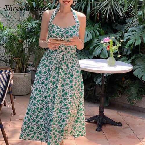 Summer Women Korean Long Halter Neck Dress 2021 New Vintage Sexy Backless Floral Dress Casual Slim Beach Party Sundresses Dress