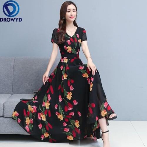 2021 Summer Boho Beach Maxi Dress for Women V-neck Short Sleeve Black Print Chiffon Long Dresses Vintage Casual Party Vestidos