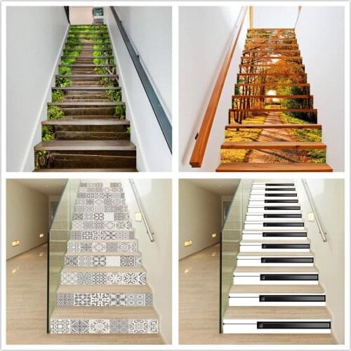 13pcs Self Adhesive PVC Staircase Decoration Stickers 3D Landscape Wallpaper Home Decor Stair Decal Waterproof DIY Stairs Murals
