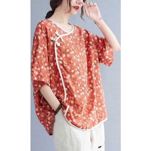 Cotton Linen Print Floral Vintage Chinese Style T Shirts Loose Tops Short Sleeve Summer T Shirts Women Casual T-shirt Tees Shirt