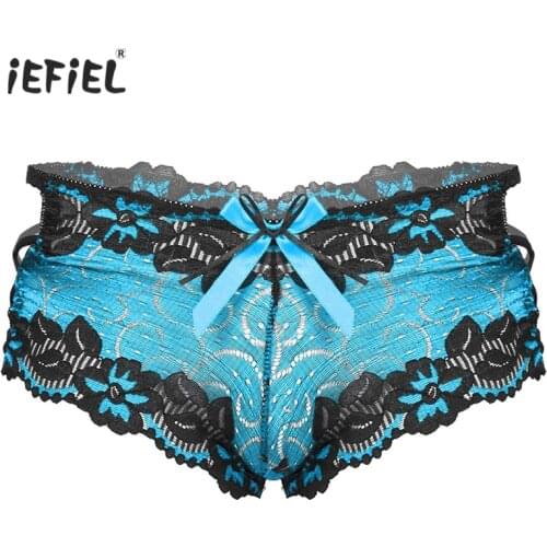 Gay Men Low Waist Lace Briefs Bowknot Hollow Out Sissy Panties Lingerie Underwear Nightwear Breathable Strappy Boxers Underpants