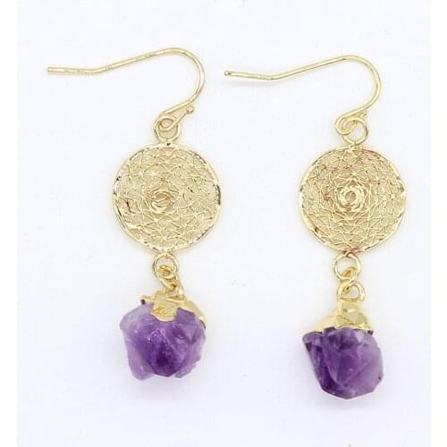 Krat-beads Unique Light Yellow Gold Color Irregular Shape Natural Amethysts with Net Earrings For Christmas Jewelry