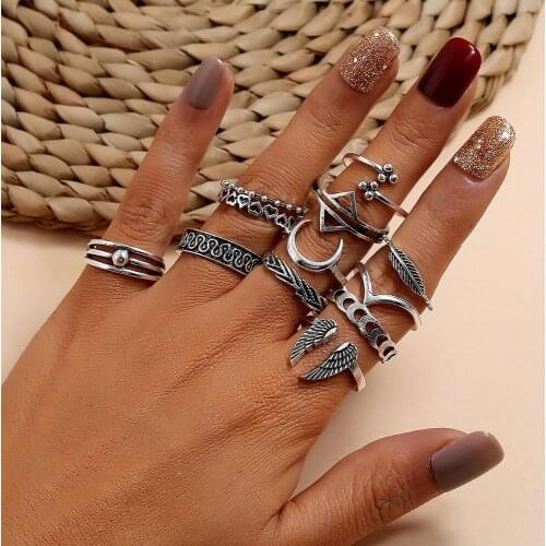 Modyle Bohemian Silver Color Metal Rings Set for Women Heart Wing Vintage Geometric Knuckle Ring Party Wedding Jewelry Gift