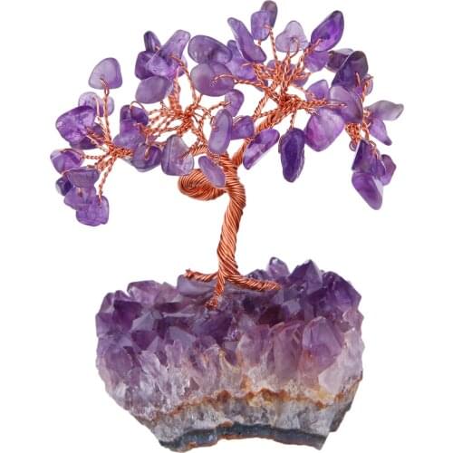 Natural Crystal Stone Amethyst Flower Money Luck Tree Chakra Gem Stone Tree Ornaments For Gift Home Decoration