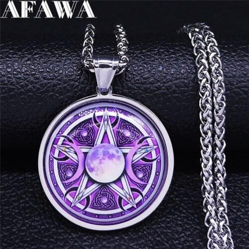 Glass Stainless Steel Women Gold Color Divination Witchcraft Pentagram Sun Moon Charm Necklace Jewelry cadenas mujer NXS02