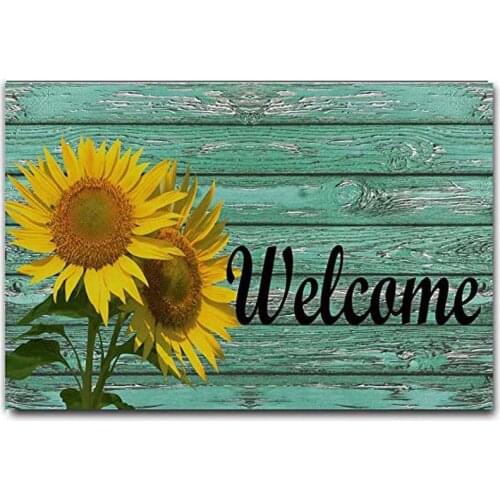 Sunflower Front Door Mat Indoor Welcome Rustic Old Barn Wood Doormat Non Slip Carpet Flannel Rug for Bathroom Kitchen Bedroom Fl