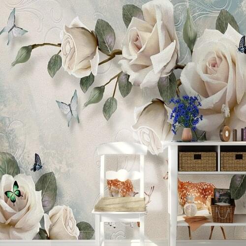 Custom 3d wallpaper modern rose butterfly fawn TV background wall - healthy silk waterproof material