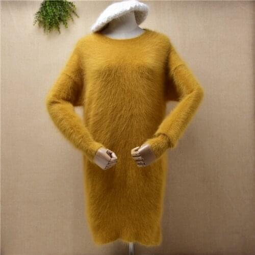 Ladies women hairy fluffy winter clothing warm angora rabbit fur loose oversize long pullover mink fur jumper sweater pull dress