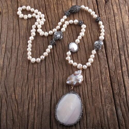 RH Fashion Boho Jewelry Pearl Beads Knotted Handmake Paved Freshwater Pendant Necklaces Women Bohemia Necklace Gift Dropship