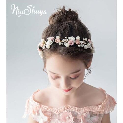 NiuShuya Luxury Flower Faux Pearl Headband Handmade Crystal Hairband Bride Wedding Women Headpiece Tiara Children Hair Accessor