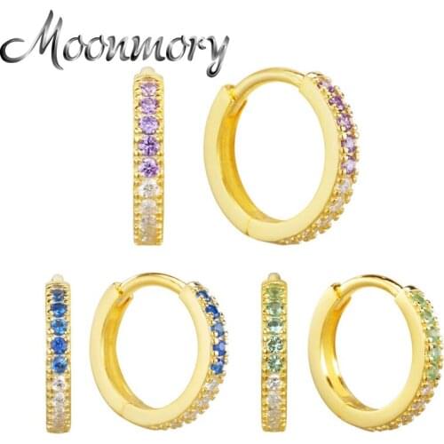 Moonmory 100% 925 Sterling Silver Gold Hoop Earrings For Women Half Colorful Stone Half White Stone Wedding Jewelry Wholesale