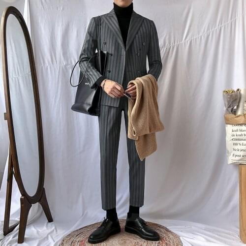 2021 Spring Stripe Slim Fit Men Suits for Formal Wedding Tuxedo Notched Lapel 2 Piece Business Groom Male Fashion Sets W449