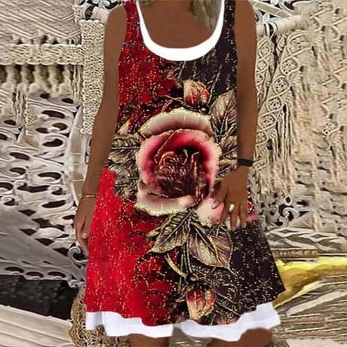 Woemn Loose Casual Sleeveless Dress Round Neck Long Dress Rose Printed Plus Size Summer Dresses Sling Dress