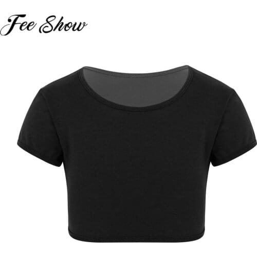 FEESHOW Kids Girls Summer Clothes TShirt Solid Color Short Sleeves T Shirt Crop Top for Belly Dance Sports Gymnastic Daily Wear