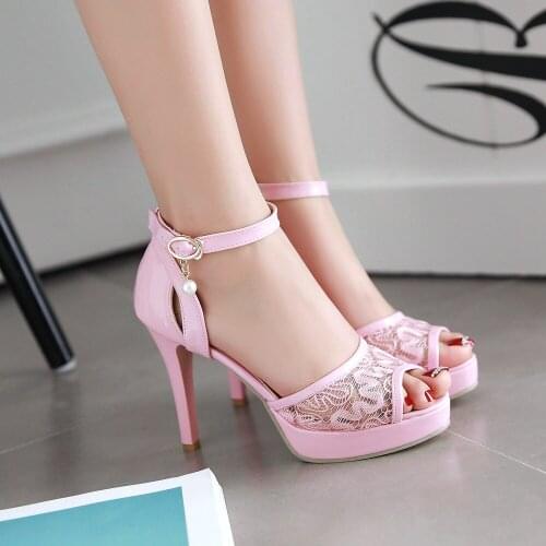 Women Summer lace mesh shoes Fish Mouth high heel ladys platform sandals evening dress wedding shoes femal zapatos de mujer 45
