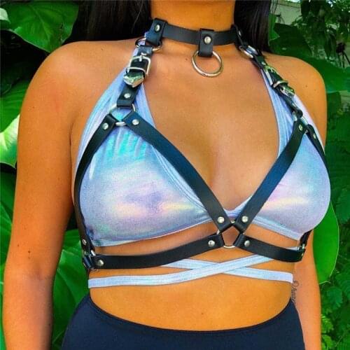 Goth Punk Rock Leather Rivet Halterneck Choker Waist Harness Women Sexy Adjustable Lingerie Garters Sculpting Chest Waist Belts