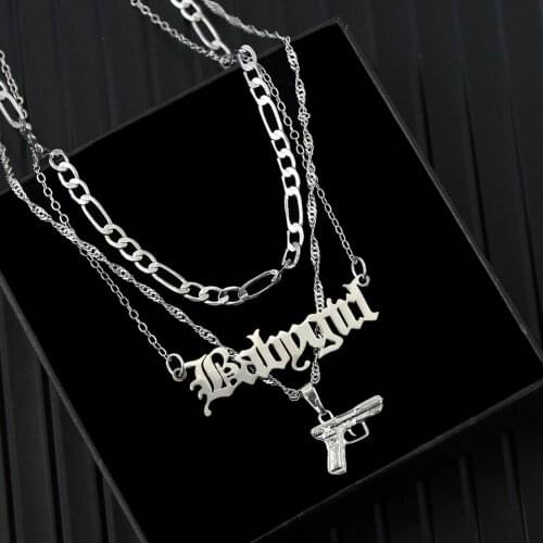 Flatfoosie Punk Hip Hop Silver Color Pistol Pendant Necklace Women Multilayer Babygirl Letter Clavicle Chain Necklace Jewelry