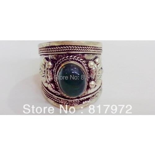10pcs Retro Style Old Tibet Silver Carved Flower Lace inlay Oval Green stone Ring Adjustable Both For Women & Men