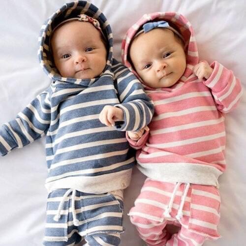 2018 Baby 2Pcs Hooded Stripes Clothes Sets Newborn Baby Kids Boy Girl Striped Hoodie Tops Pants Outfit Clothes 0-24M