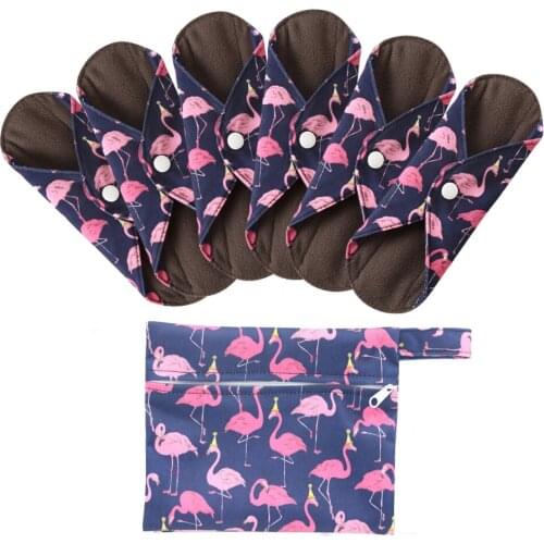 7PCS Set (6PCS Women Sanitary Pad+1Free Mini Wet Bag),Washable Menstrual Napkins Women Panty Liner Bamboo Charcoal Day Pad