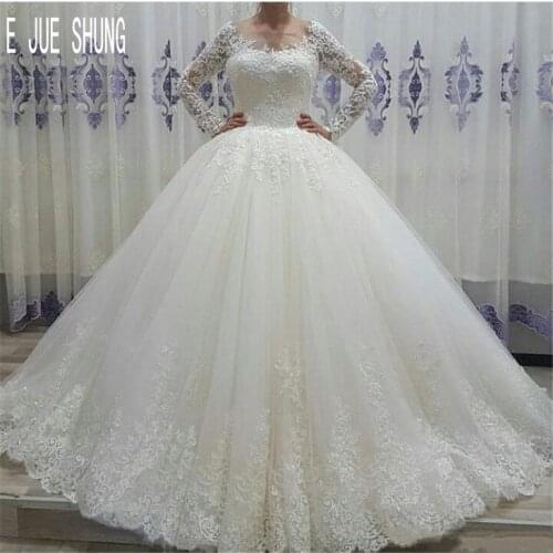 E JUE SHUNG Glitter Ball Gown Wedding Dresses Long Sleeves Jewel Neck Button Back Wedding Gowns Beaded Lace Vestido De Noiva