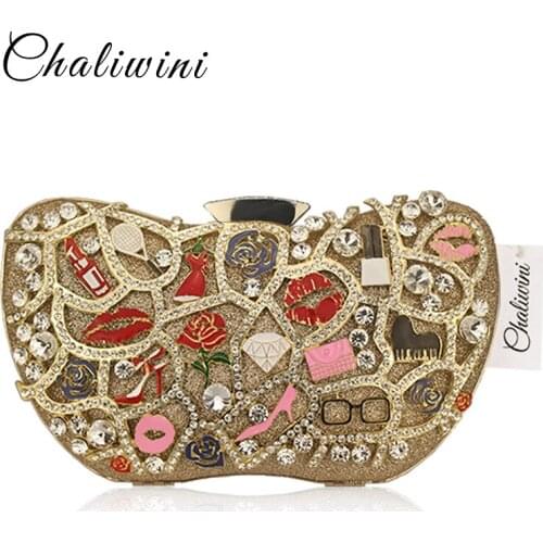 Chaliwini Women Evening Bags Ladies Clutch Bags Red Grey Black Gold Diamond Box Wallet Wedding Party Purse 4 Colors