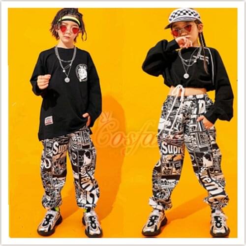 Black Hiphop Street Dance Rave Outfit Kids Stage Performance Clothing Printing Practice Wear kids Jazz Dance hip hop suit clothe