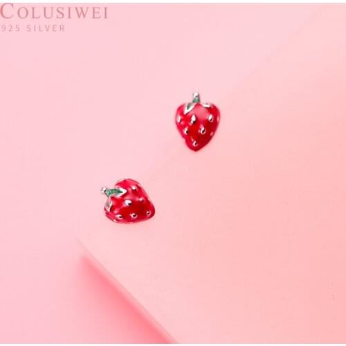 Colusiwei Lovely Enamel Strawberry Stud Earrings for Women Anti-allergy 100% Real 925 Sterling Silver Jewelry Girls Kid Gift
