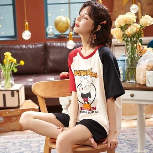 For Women New Summer PJS Set Femme Round Neck Cute Sleepwear Ladies Cotton Home Wear Comfort Pijamas Pyjama Short Sleeve Pajamas