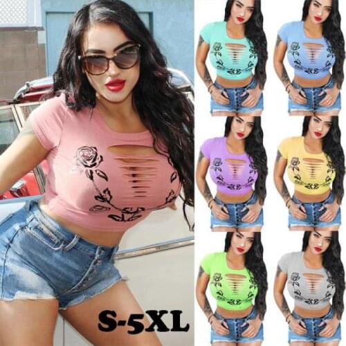 Gothic Rose Print Sexy Short-sleeved Cropped T-shirt Over There Printed Slim Top Hollow Ladies T-shirt Trend Deep V Shirt Women