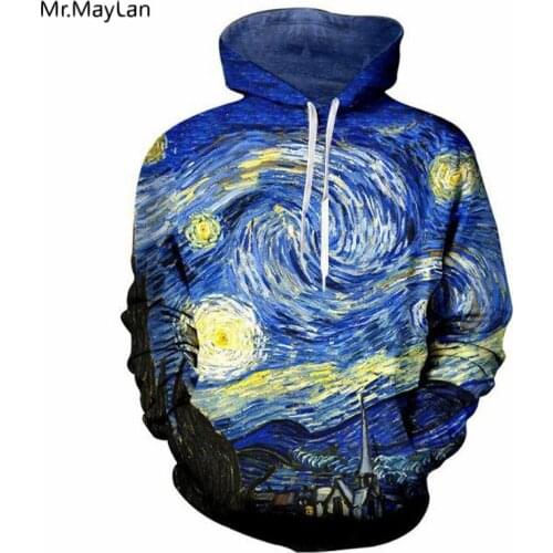 Harajuku Van Gogh Oil Painting Starry Night 3D Print Jacket Hoodie Women/Men Hipster Gothic Hat Sweatshirt 2018 Boy Blue Clothes