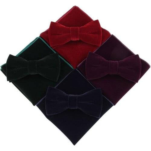 Linbaiway Mens Velvet Bowtie Handkerchief Set for Men Banquet Business Necktie Butterfly Pocket Square Towel Set Custom Logo