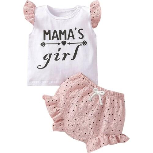 Lioraitiin 0-24M Newborn Infant Kids Baby Girls Fashion 2-piece Outfit Set Fly Sleeve Letter Print Tops+Polka Dot Shorts Set