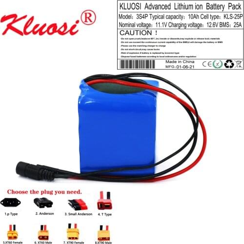 KLUOSI 12V 10Ah 250W 3S4P High Capacity 12.6V Li-ion Battery Pack with 25A BMS for LED Lamp Light Backup Power Electrical Tool