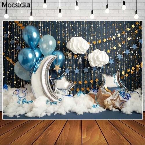 Mocsicka Boy 1st Birthday Cake Smash Photography Backdrops Blue Balloon Golden Stars Decor Photo Props Studio Booth Background