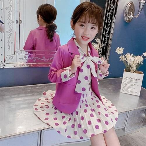 New childrens clothing girls baby spring and autumn clothes girls casual blazer solid color dot dress cloth set suit