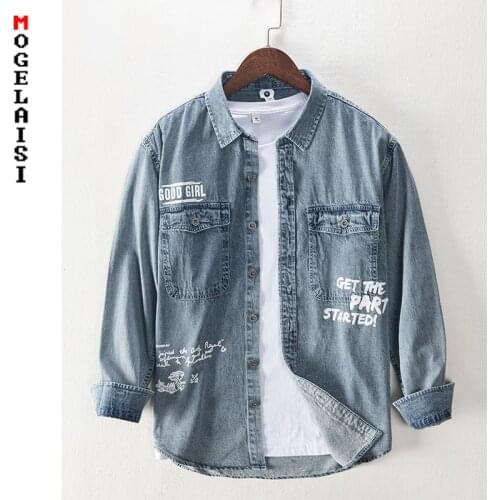 New spring Men Denim shirt 100% cotton long sleeve Printed letters shirts high quality man clothing topsCamisa masculina 859