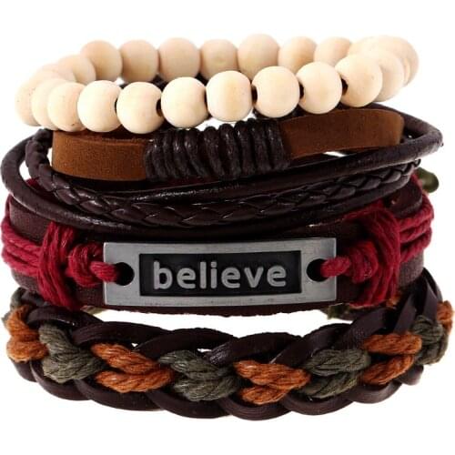 New Design Men Multi Layer Genuine Leather Bracelets Believe Charm Wooden Beads Hemp Cord Punk Bracelet Wrap Cuff Jewelry