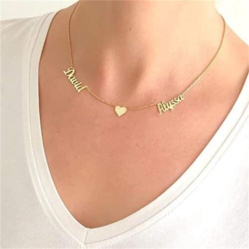 Noelia Custom 18K Gold Plated 2 Name Necklace Personalized Custom Name Necklace Double Chain Heart Necklace for Her
