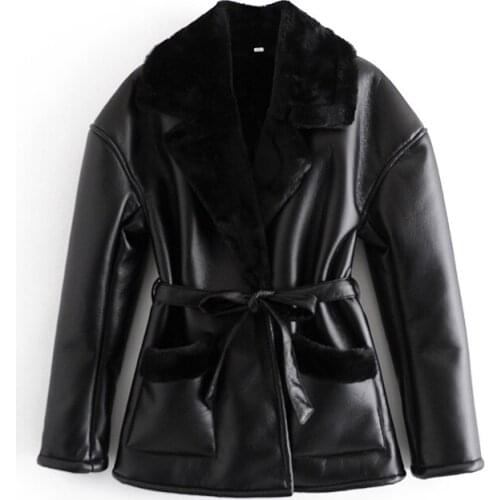 PU Leather Fur Coats Women Winter Warm Jacket Jackets Turn-Down Collar Thickness Faux Leather Outwear With Pockets and Belt