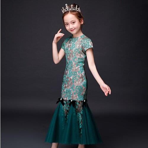 Childrens Cheongsam Girls Dress 2019 Summer New Chinese Style Kids Mermaid Princess Gown Wedding Party Mesh Spliced Dress Y922