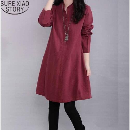 Casual Dress for Women 2021 Spring New Women Dress Cotton Linen A-line Loose Solid Button Long Sleeve Dresses Robe Femme 12676