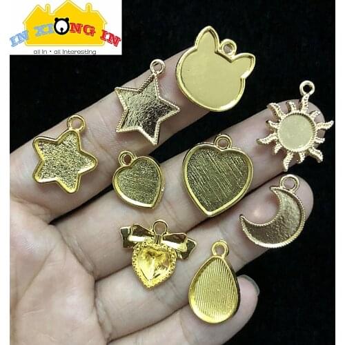 10pcs Sweet Heart Necklace UV Resin Pendant Tray DIY Bezel Golden Metal Star Base Tray Setting Jewelry Cat Making Accessories