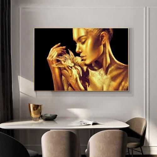 Golden Flower Woman Portrait Oil Paintings on Canvas Nude Art Poster and Print Scandinavian Wall Pictures Home Decoration