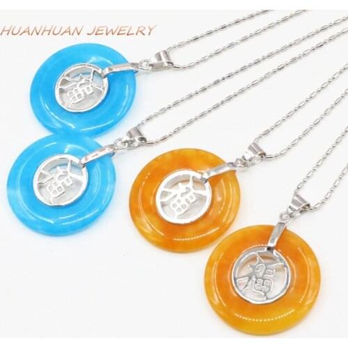 Natural Stone Jades 30mm Pendant For Women Pendants Stainless Steel Chain Lucky Circle Round Religious Prayer Necklace B3325
