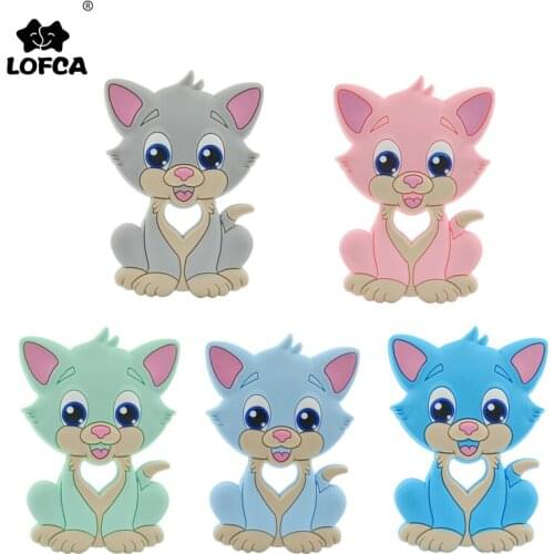 LOFCA Baby Teethers Cartoon Cat Pendant Food Grade Baby DIY Animal Silicone Teether Toys Infant Chew Charms Teething Gifts
