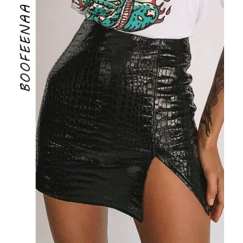 BOOFEENAA Crocodile PU Leather Black Sexy Mini Skirts Womens Fashion Winter 2019 High Waist Split Pencil Skirt C77-AZ88