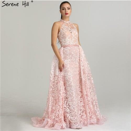 Sexy Sheer Halter Beaded Lace Evening Dresses 2020 New Design Illusion Back Prom Gowns Dubai Robe De Soiree BLA6282